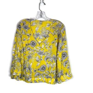 A New Day Womens L Yellow Floral V-Neck Long Sleeve Flowy Bubble Blouse